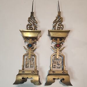Vintage | Brass Chinese Blessing  Candle Holders |Red and Blue Glass Stones RARE
